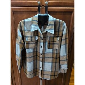 EUC Automet Womens Thick Flannel Shacket Shirt Oversize Large Yellow White Black